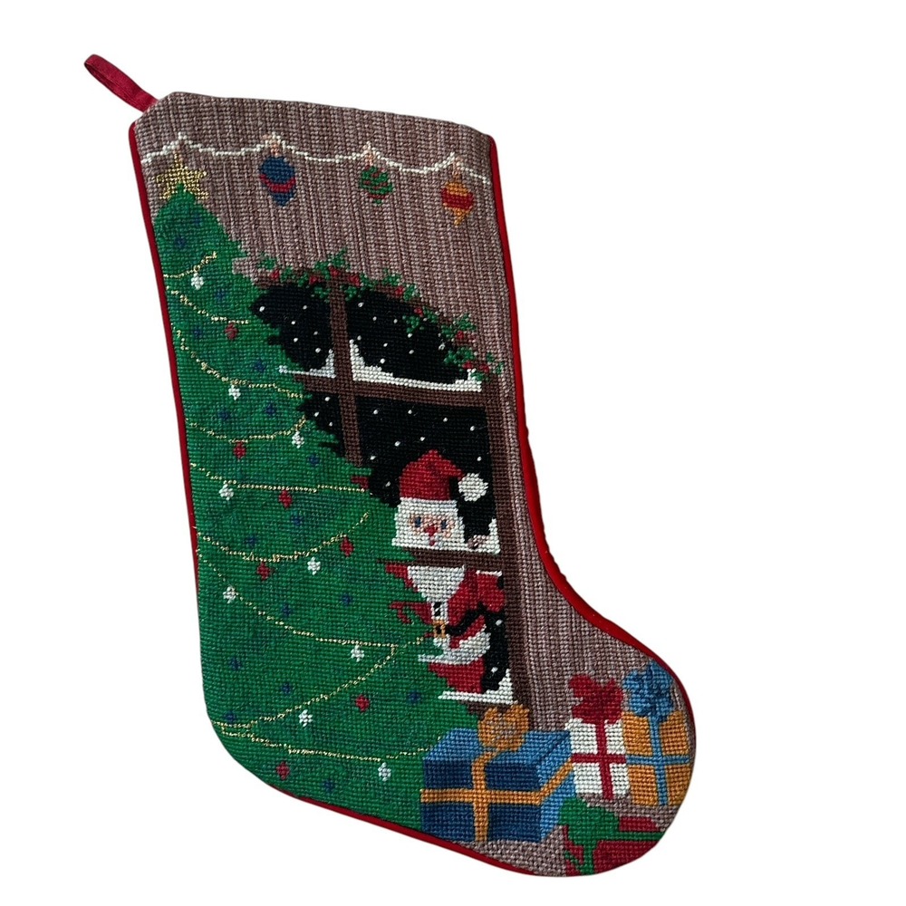 VTG Needlepoint Christmas Stocking 18 Inch Santa Tree Window Wool‎ Red Velvet - Picture 6 of 10